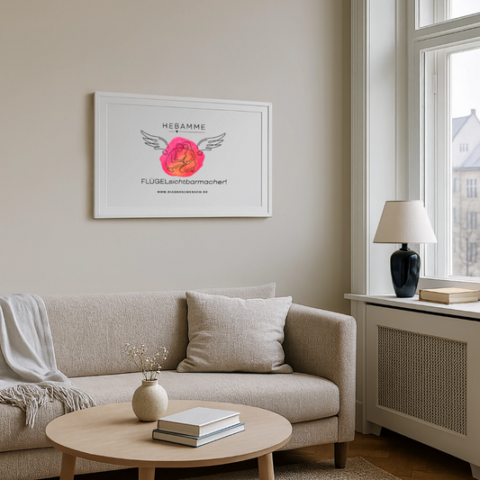 Gerahmtes Poster (69 × 49 cm) "Hebamme" - FLÜGELsichtbarmacher - Weiß