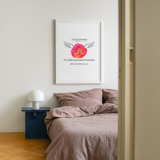 Gerahmtes Poster (49 × 69 cm) "Hebamme" - FLÜGELsichtbarmacher - Weiß