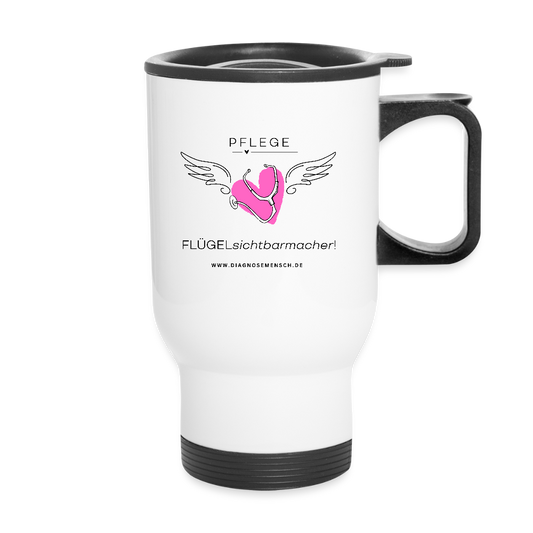 Thermobecher mit Tragegriff "Pflege" - FLÜGELsichtbarmacher - Weiß