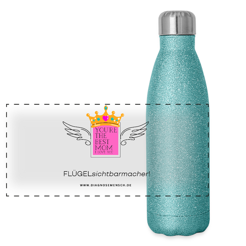 Glitzer Edelstahl Thermosflasche "Flügel Mom" - Best Buddy - Blau Glitzer