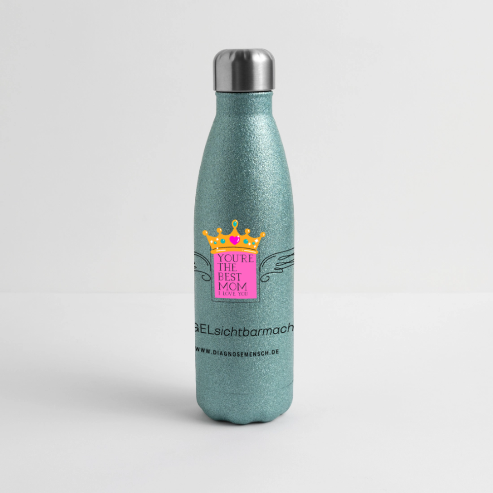 Glitzer Edelstahl Thermosflasche "Flügel Mom" - Best Buddy - Blau Glitzer