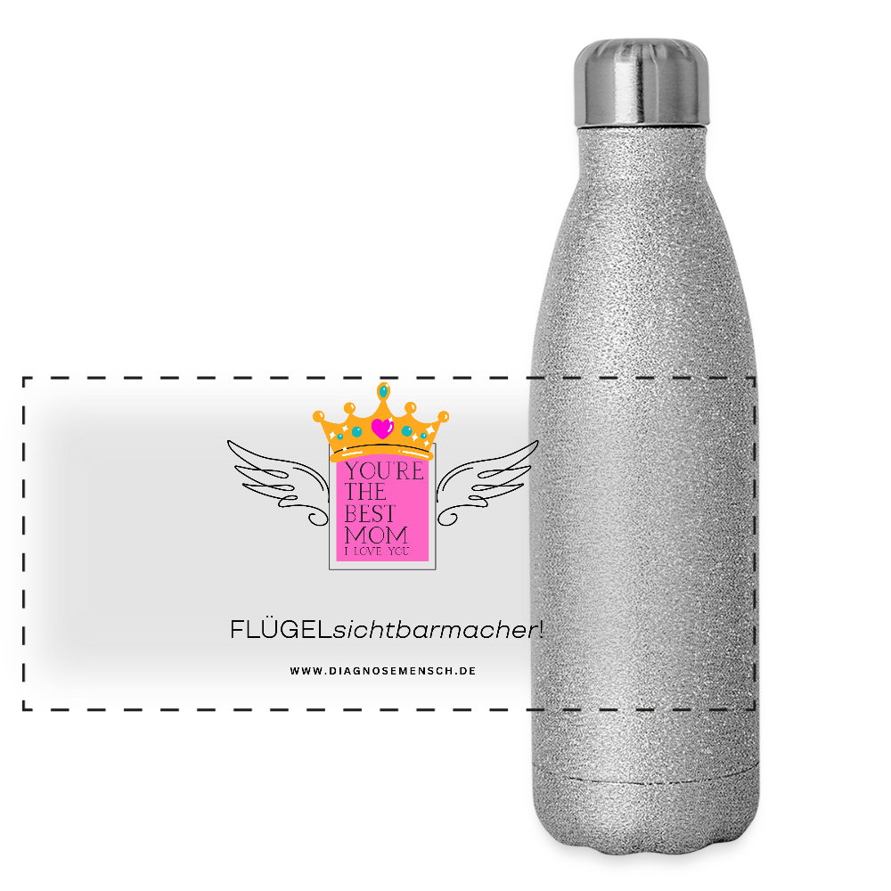Glitzer Edelstahl Thermosflasche "Flügel Mom" - Best Buddy - Sliber Glitzer
