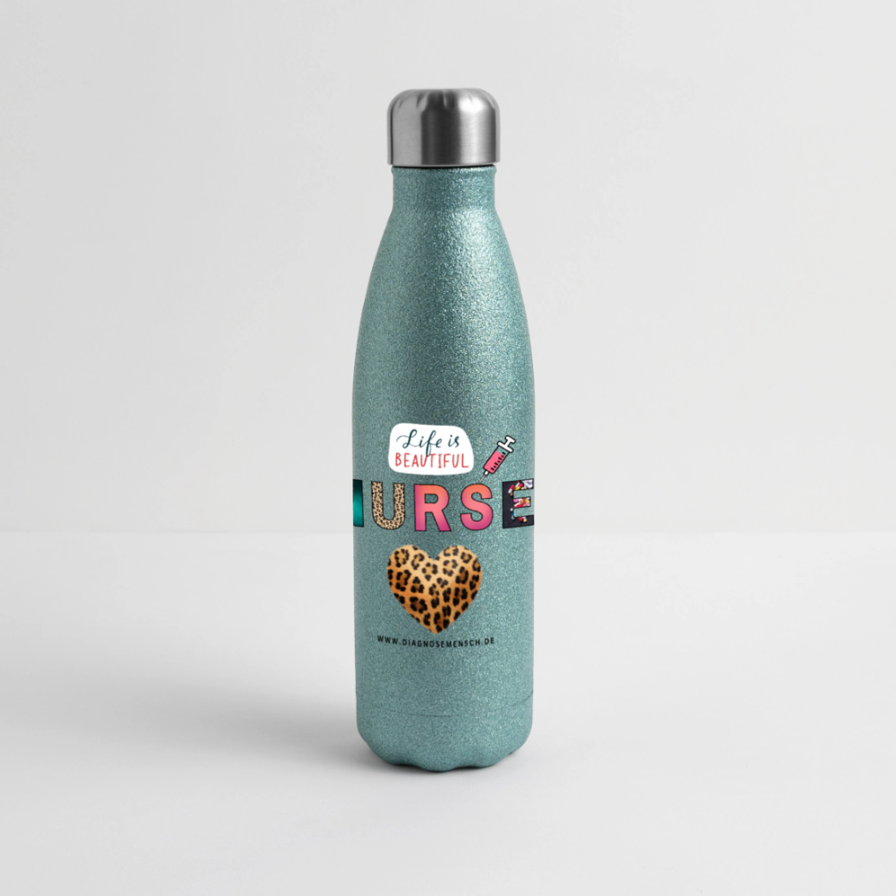 Glitzer Edelstahl Thermosflasche "Nurse" - Best Buddy - Blau Glitzer