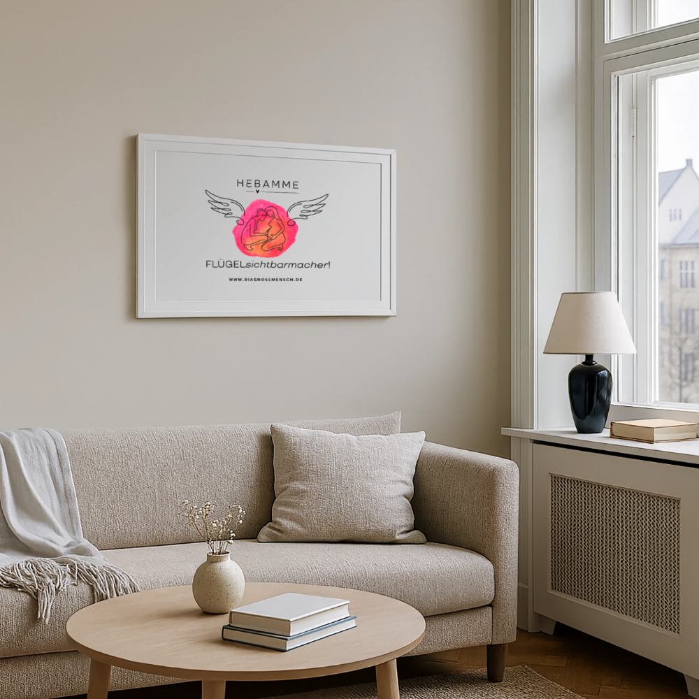 Gerahmtes Poster (69 × 49 cm) "Hebamme" - FLÜGELsichtbarmacher - Weiß