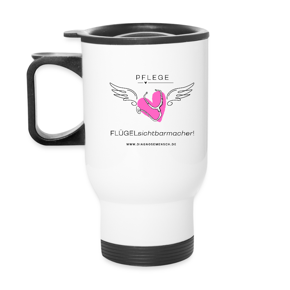 Thermobecher mit Tragegriff "Pflege" - FLÜGELsichtbarmacher - Weiß